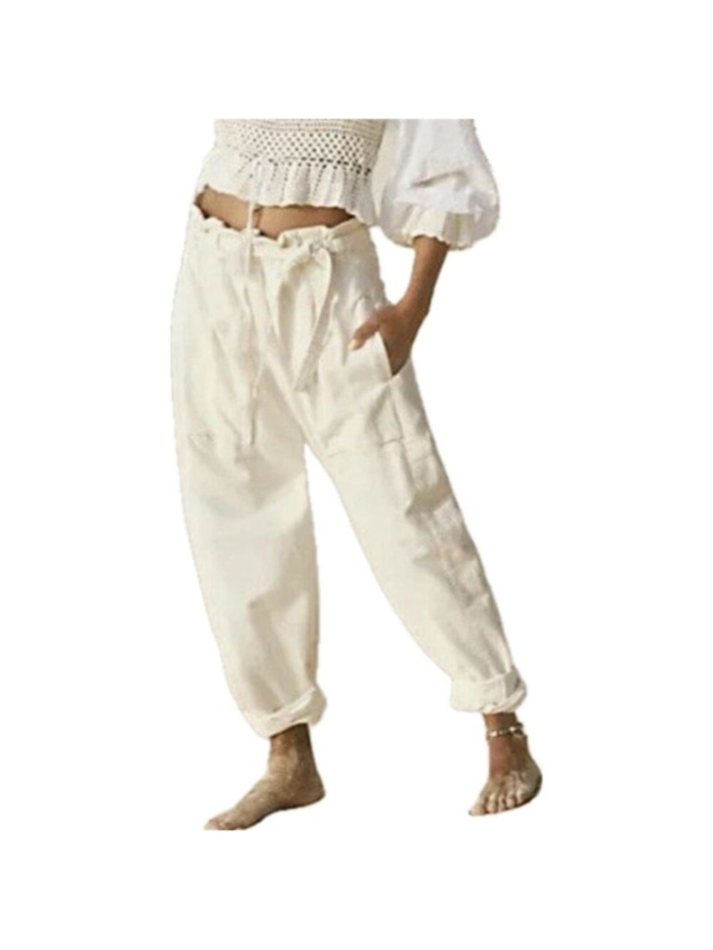 Free People Sky Rider Low-crotch Pants Women Size S Cream White 100% Linen